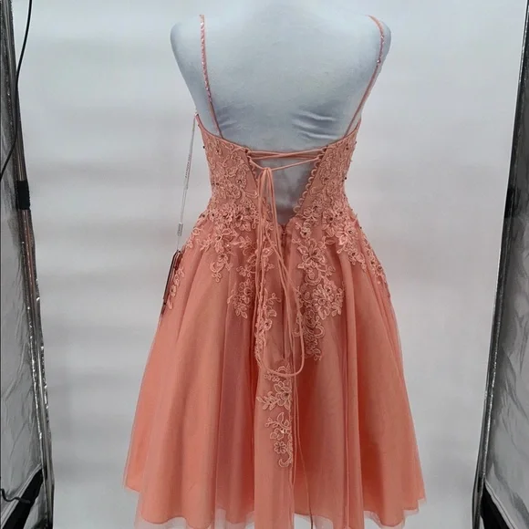 JJ’s House Coral Tulle Lace Embroidered Fit Flare Dress Spaghetti Strap US 2 - Picture 7 of 11